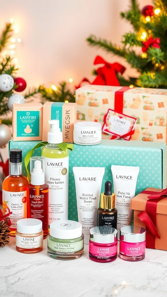 A collection of skincare gift products arranged with holiday decorations.